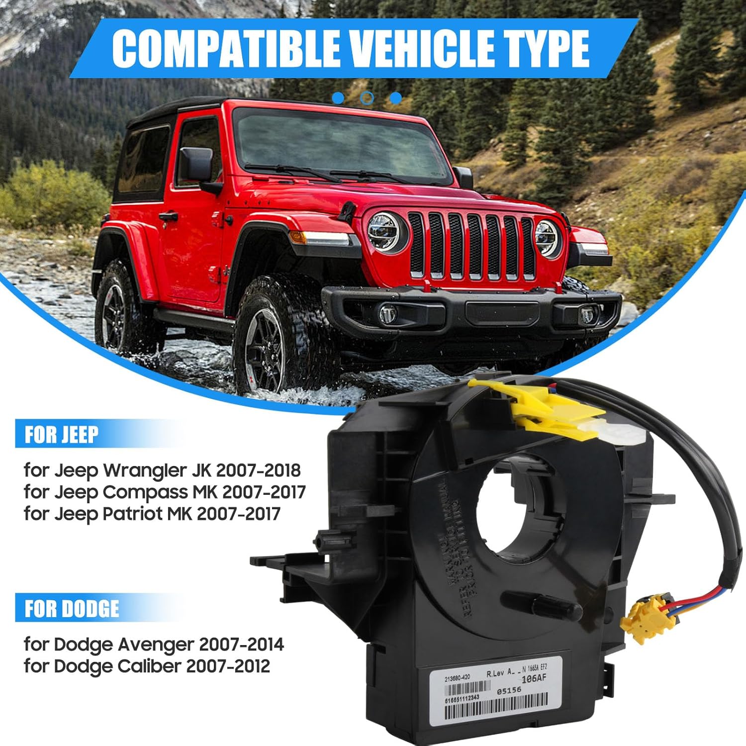 Wire Harnesses Replacement with Angle Sensor for Dodge Avenger 2007-2014, for Caliber 2007-2012, for Jeep Wrangler JK 2007-2018, for Patriot MK/Compass MK 2007-2017, Replace 5156106AA-AG Series